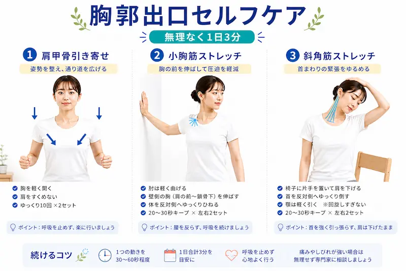胸郭出口症候群のセルフケア（肩甲骨・小胸筋・斜角筋ストレッチ）