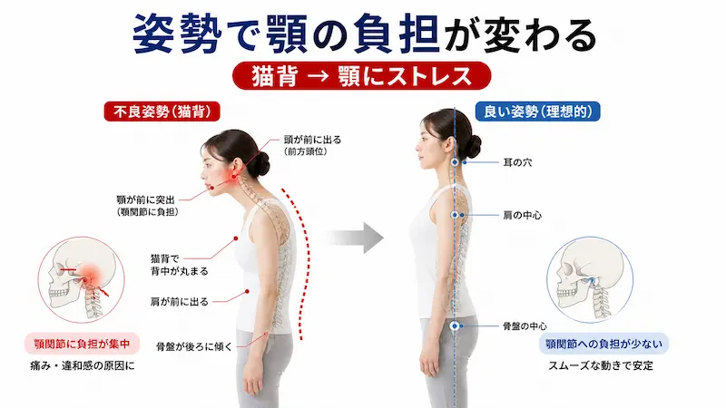 猫背と良い姿勢で顎関節への負担が変わることを示した比較図