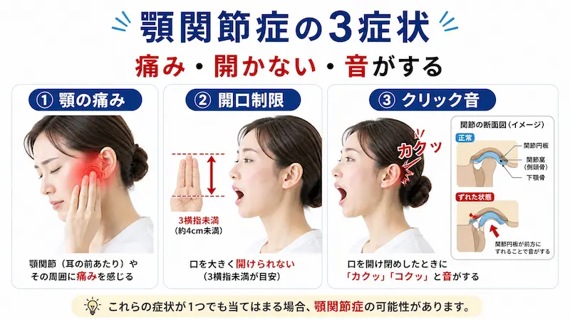 顎関節症の主な症状である顎の痛み・開口制限・クリック音を示した図解