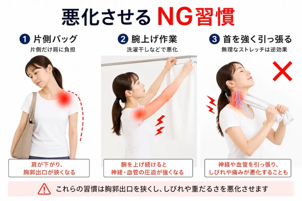 胸郭出口症候群を悪化させるNG習慣（片側バッグ・腕上げ作業・首の強いストレッチ）
