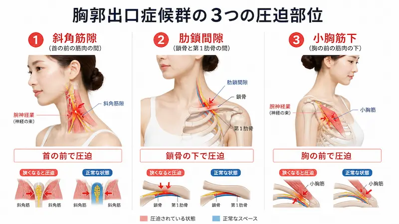 胸郭出口症候群 圧迫部位 斜角筋隙 肋鎖間隙 小胸筋 姿勢原因