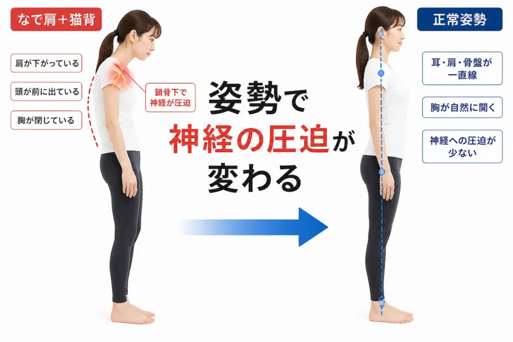 猫背となで肩による神経圧迫と正常姿勢の比較