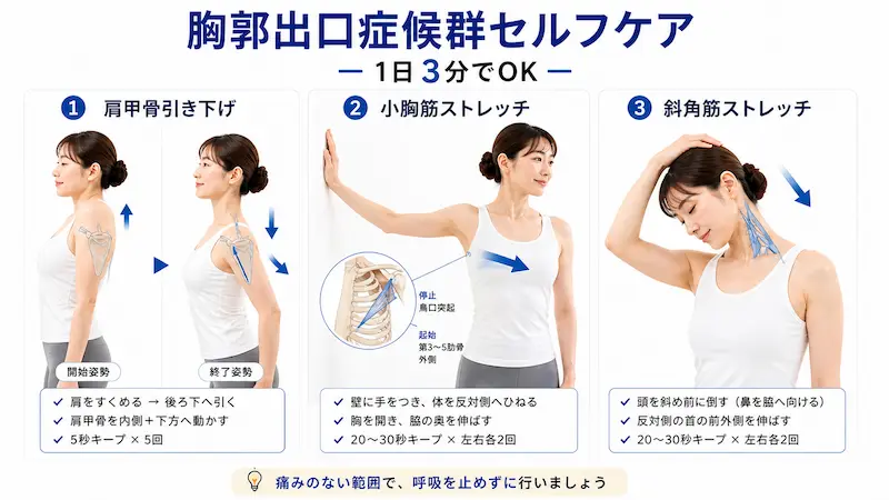 胸郭出口症候群のセルフケア3ステップ(肩甲骨・胸・首のストレッチ)