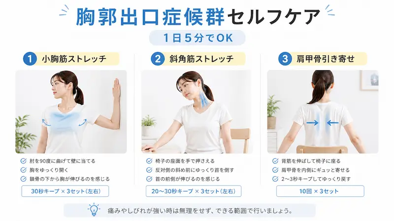 胸郭出口症候群 ストレッチ 小胸筋 斜角筋 肩甲骨 セルフケア
