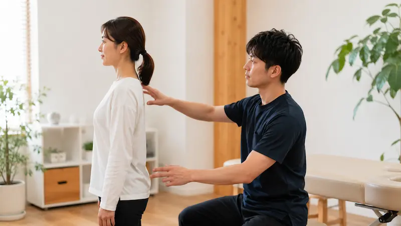 理学療法士が姿勢や体のバランスを評価している様子