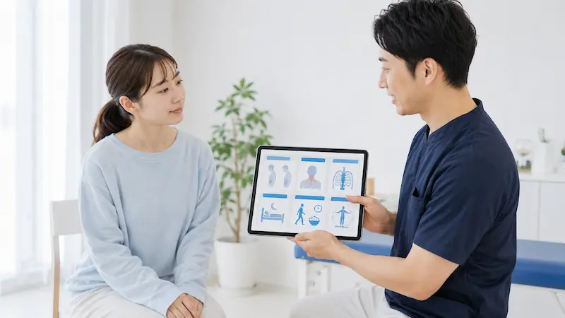 理学療法士が梅雨のだるさに関連する身体評価を説明している様子