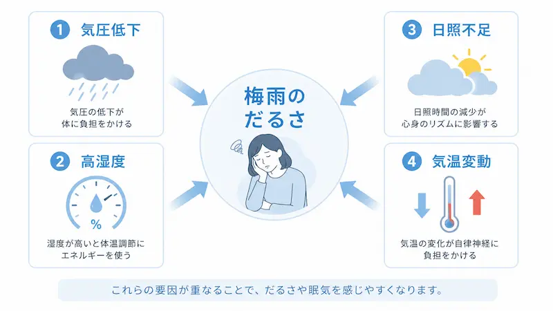 梅雨のだるさに関係する気圧低下・高湿度・日照不足・気温変化の図解