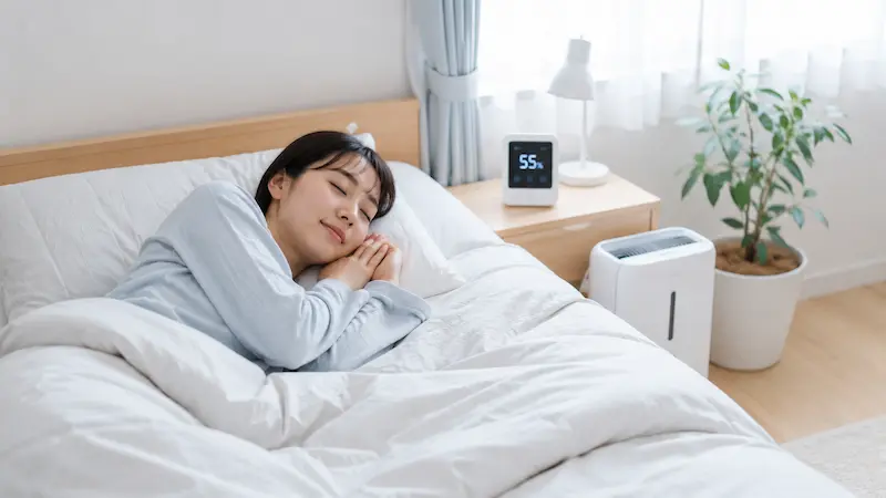 除湿された寝室で快適に眠る女性