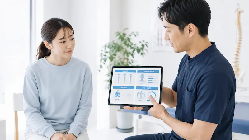 理学療法士がめまいに関連する身体評価を説明している様子