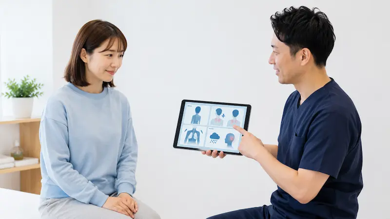 理学療法士が低気圧頭痛に関連する首肩姿勢呼吸の評価を説明している様子