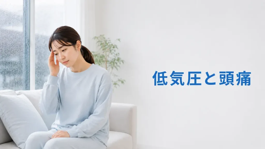 雨の日に低気圧による頭痛を感じる女性