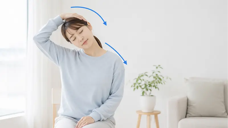 雨の日の頭痛対策として首肩ストレッチを行う女性