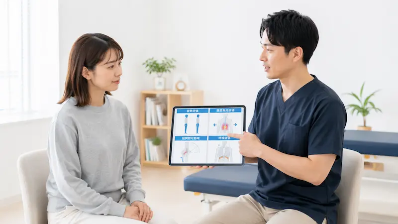 理学療法士が腰痛の評価を説明している様子