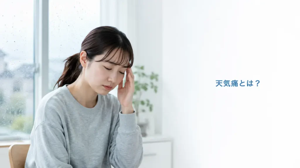 雨の日に頭痛やだるさを感じる女性と天気痛のイメージ