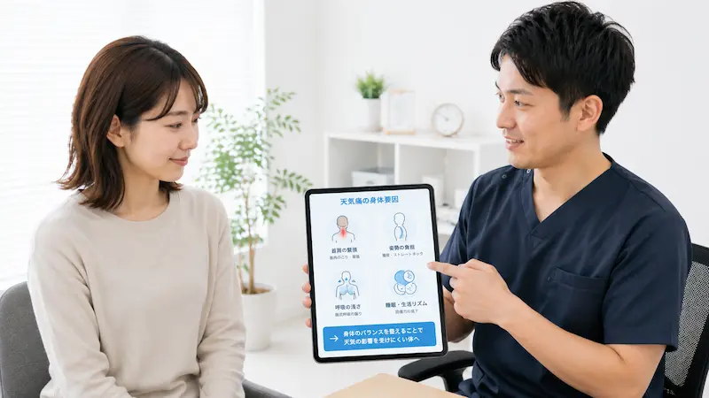 天気痛に対して首肩姿勢呼吸を理学療法士が評価説明している様子