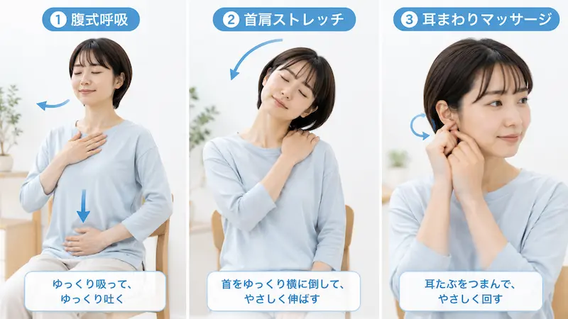 天気痛のセルフケアとして腹式呼吸首肩ストレッチ耳まわりマッサージを行う様子