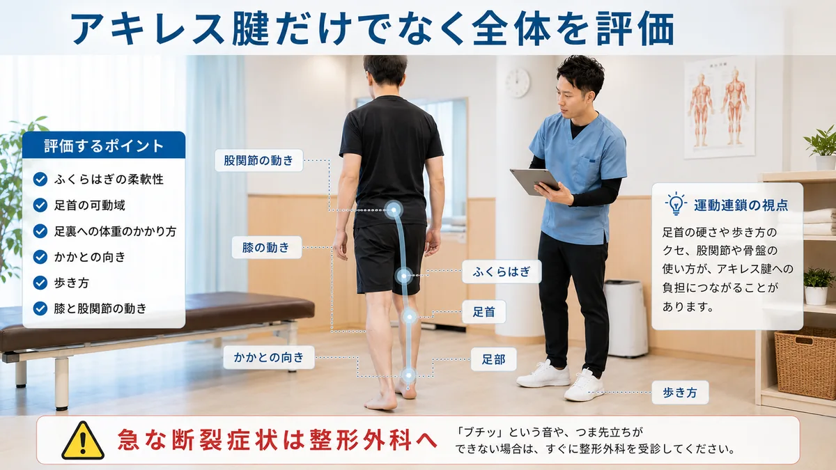 理学療法士がアキレス腱だけでなく、ふくらはぎ・足首・足部・歩き方を評価している様子