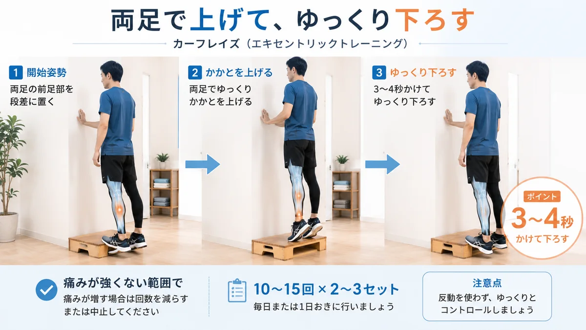 段差で両足のかかとを上げ、3〜4秒かけてゆっくり下ろすカーフレイズ