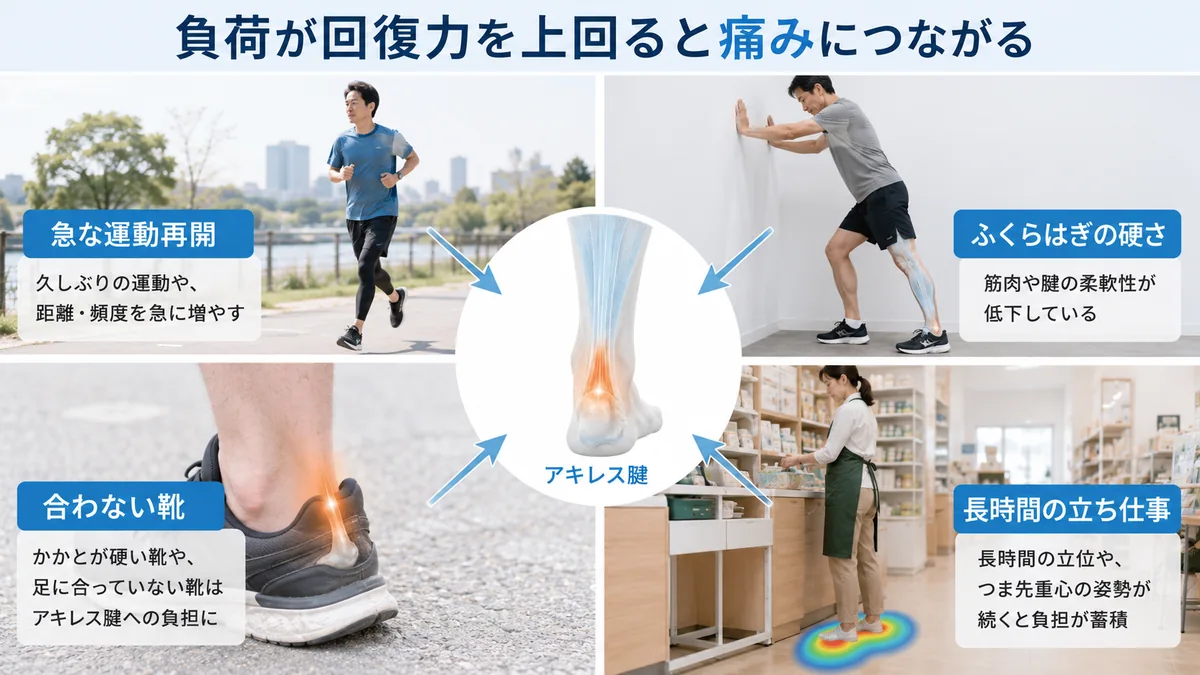急な運動再開やふくらはぎの硬さ、合わない靴、立ち仕事によるアキレス腱への負担