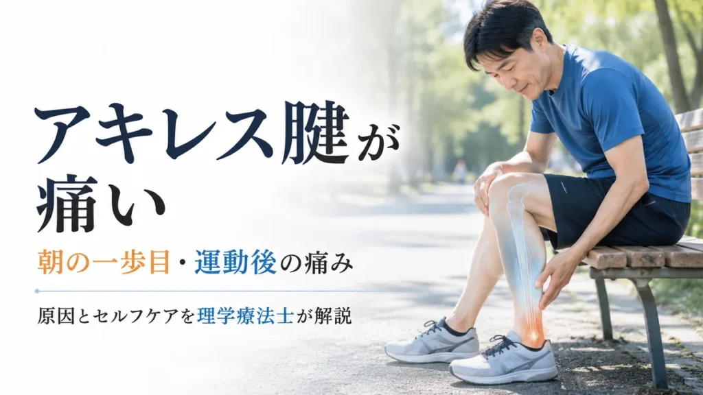 アキレス腱の痛みで、かかとの上を押さえている40代の男性ランナー