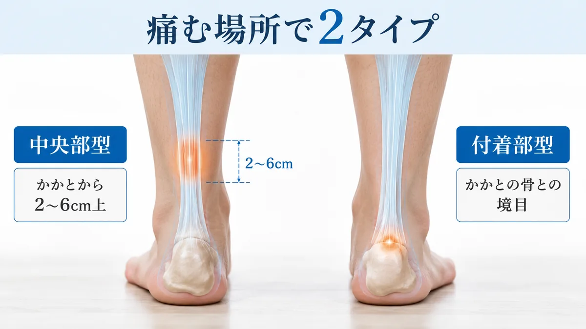 アキレス腱症の中央部型と付着部型で痛む場所の違い