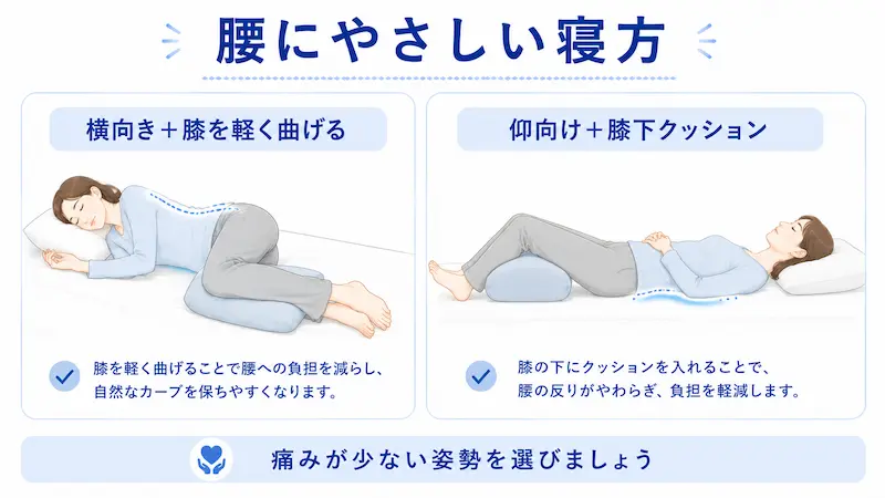 ぎっくり腰で寝るときに楽になりやすい横向き膝曲げと仰向け膝下クッションの図解