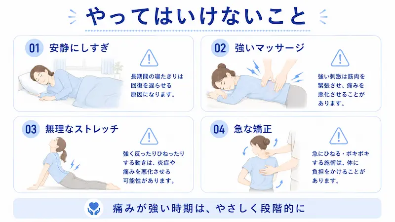 ぎっくり腰でやってはいけない安静のしすぎ、強いマッサージ、無理なストレッチを説明する図解
