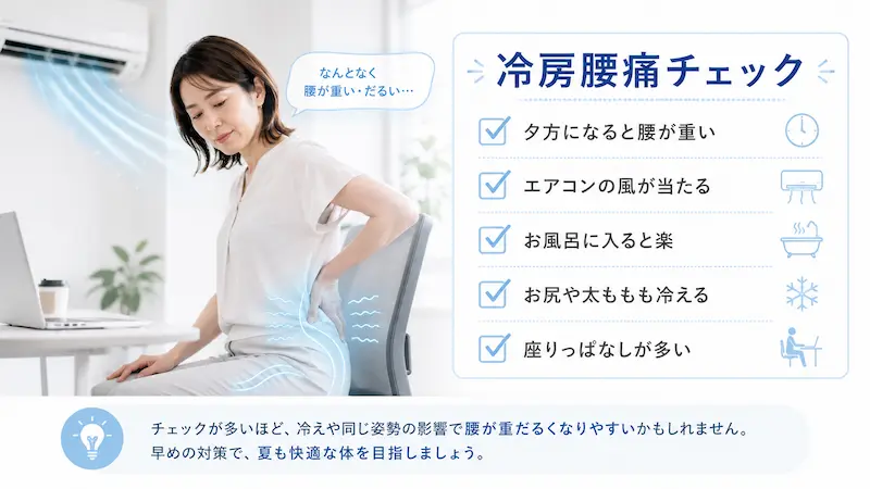 冷房による腰の重だるさに当てはまる症状チェックリストの図解