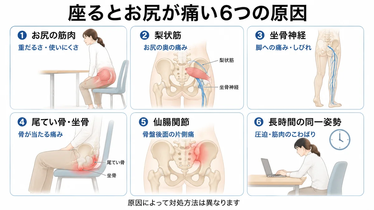座るとお尻が痛い6つの原因を筋肉・神経・骨・関節・姿勢に分けた図