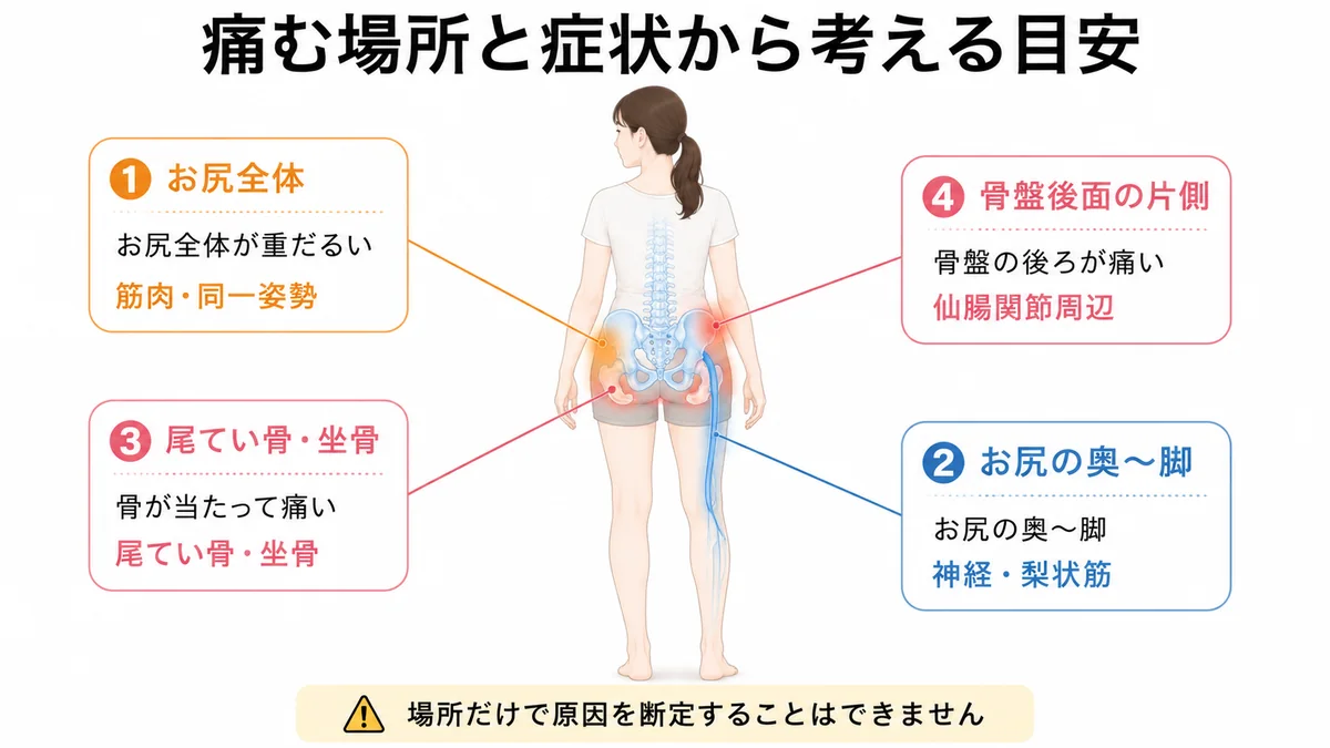 お尻の痛む場所と症状から考えられる原因の目安を示す図