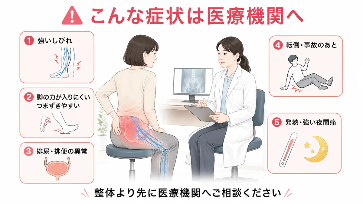 お尻の痛みで医療機関へ相談すべき強いしびれや脚の脱力などの症状
