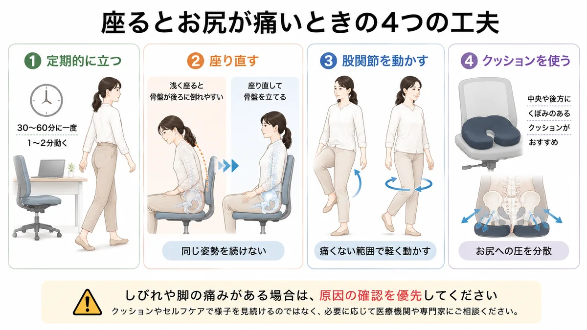 座るとお尻が痛いときにできる立ち上がり・座り直し・股関節運動・クッションの工夫