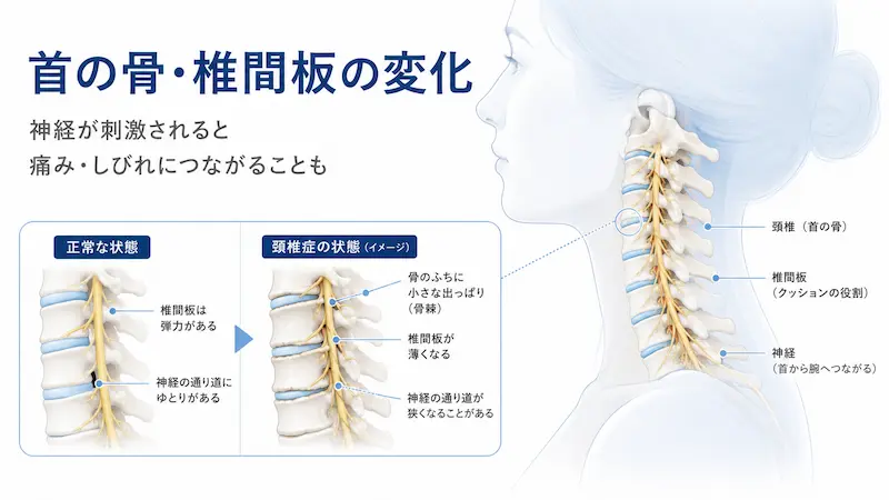 頚椎症による首の骨や椎間板の変化を説明する医療図解