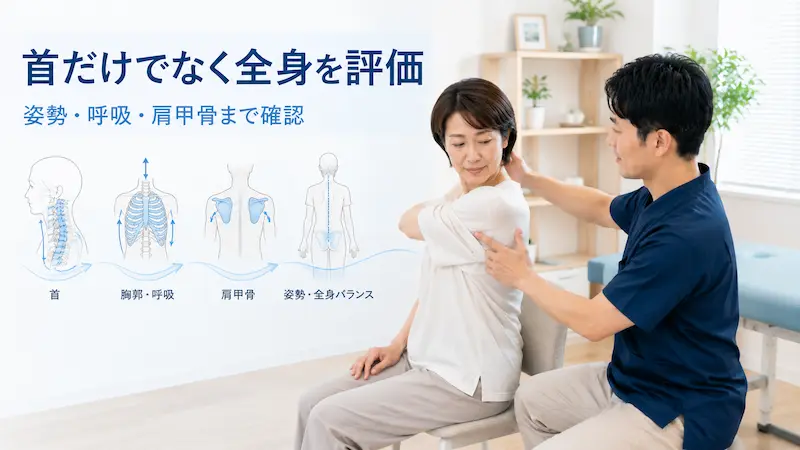 理学療法士が頚椎症による首の負担を姿勢や肩甲骨の動きから評価している様子