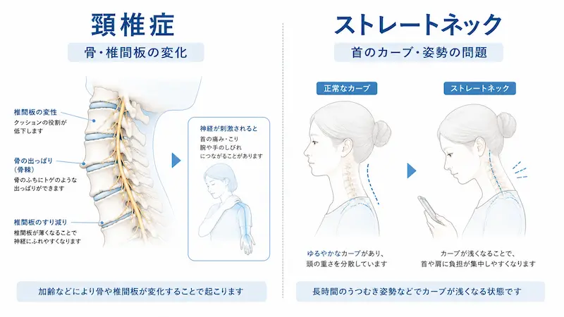 頚椎症とストレートネックの違いを比較した医療教育図解