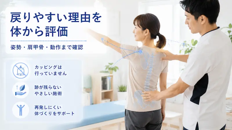 カッピング後に症状が戻りやすい背景を理学療法士が姿勢や肩甲骨、動作から評価している様子