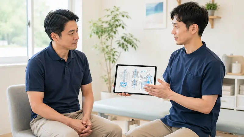 理学療法士が運転中の腰痛と股関節・骨盤・胸郭の関係を説明している様子