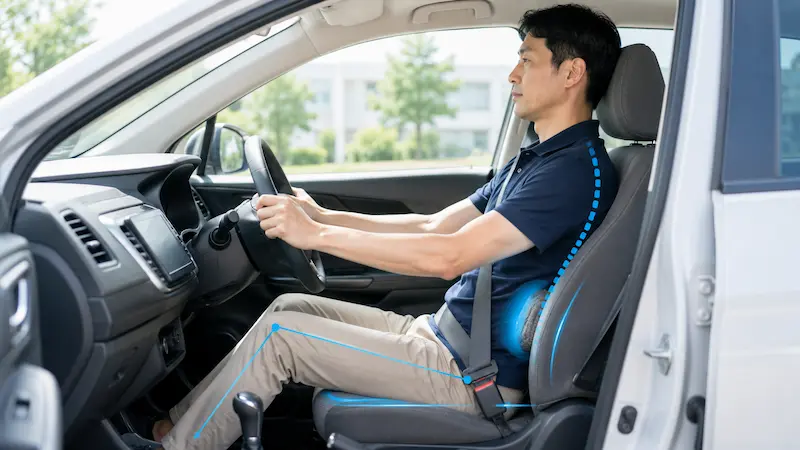 腰とシートの間にタオルを入れて骨盤を立てた運転姿勢のイメージ