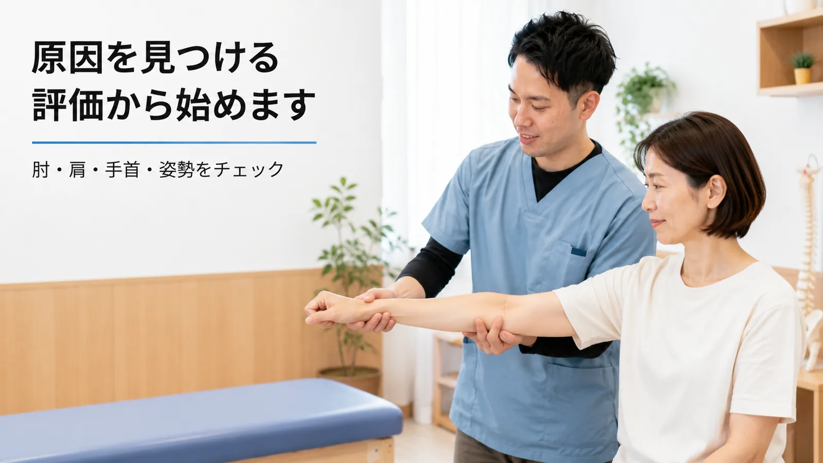 理学療法士が女性の肘と手首の動きを評価している様子