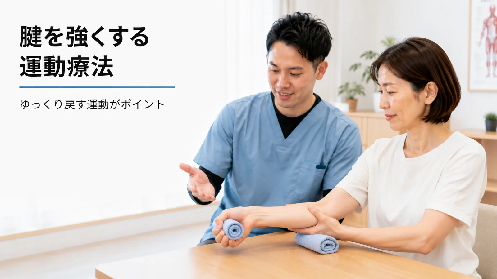 理学療法士の指導で手首の運動療法を行う女性