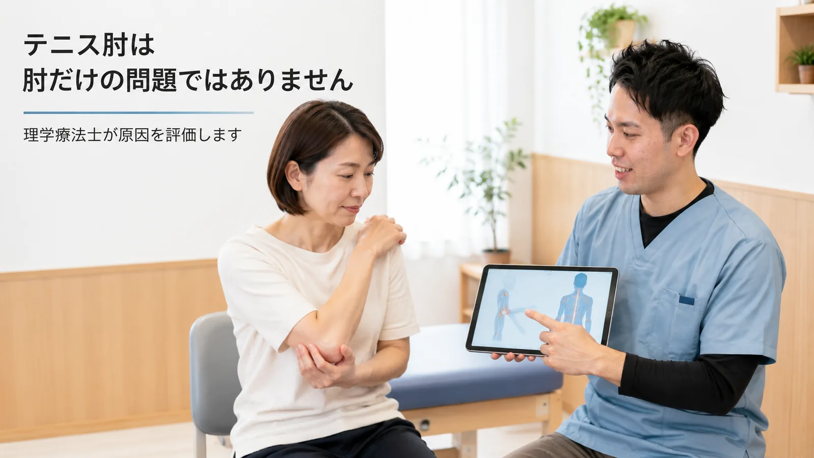 テニス肘について理学療法士から説明を受ける女性
