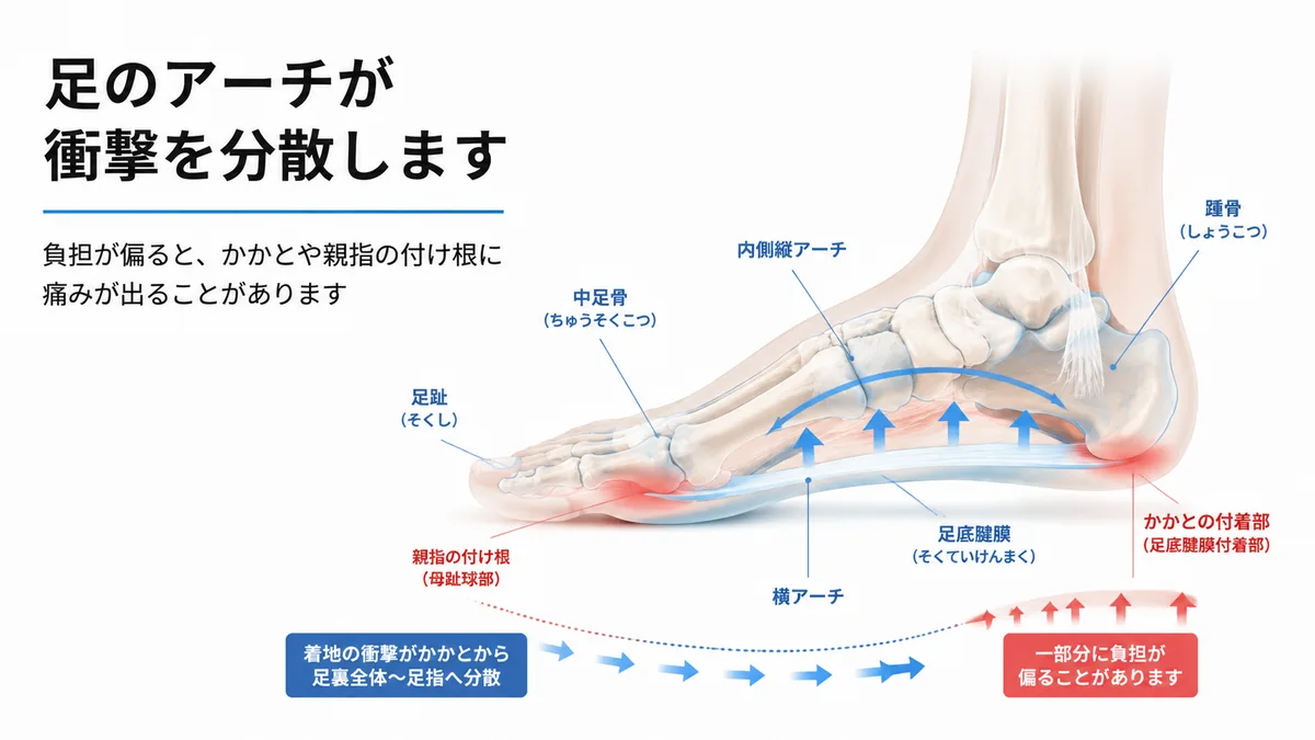 足のアーチと足底腱膜、かかと、親指の付け根への負担を示す解剖図