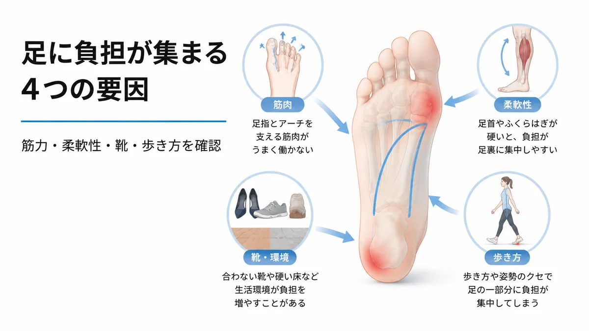 筋力低下や足首の硬さ、靴、歩き方など足に負担が集まる原因の図解
