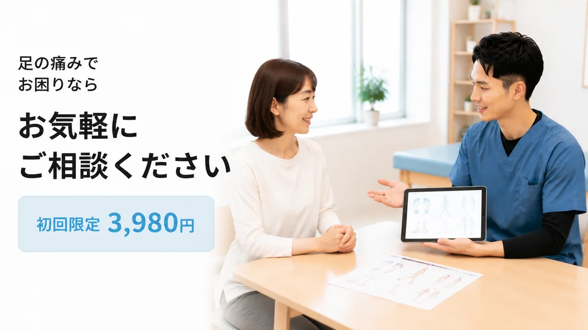 足の痛みについて理学療法士へ相談する女性と初回限定料金の案内