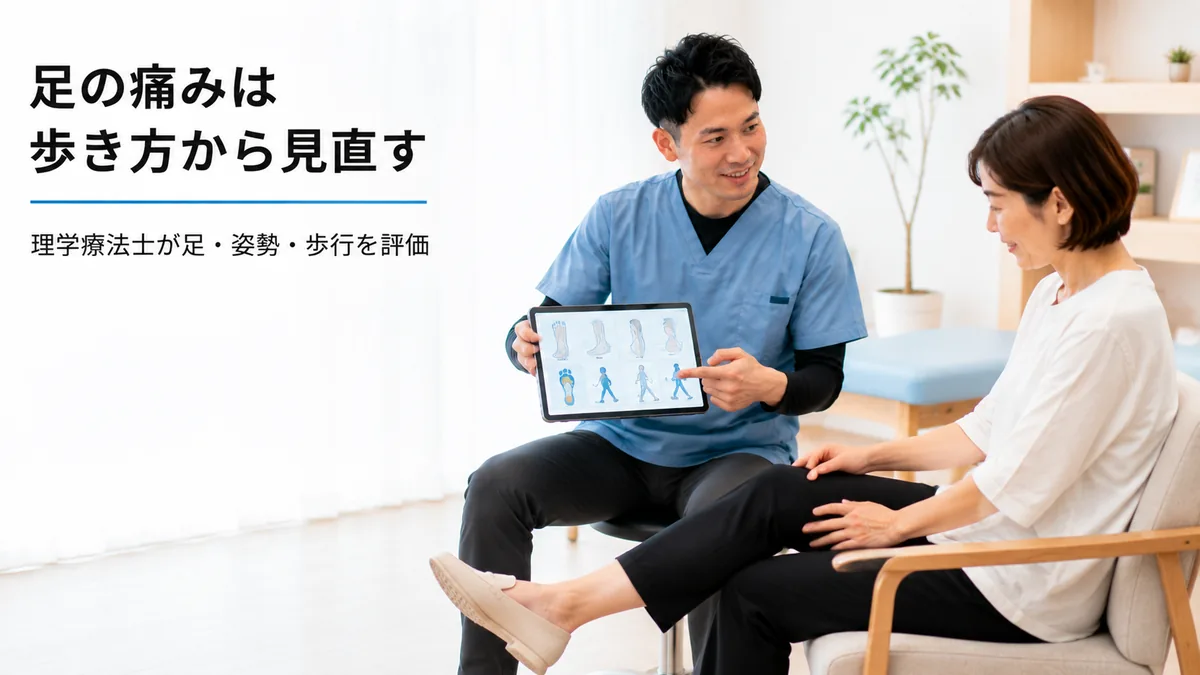 足の痛みについて理学療法士から歩き方や姿勢の説明を受ける女性
