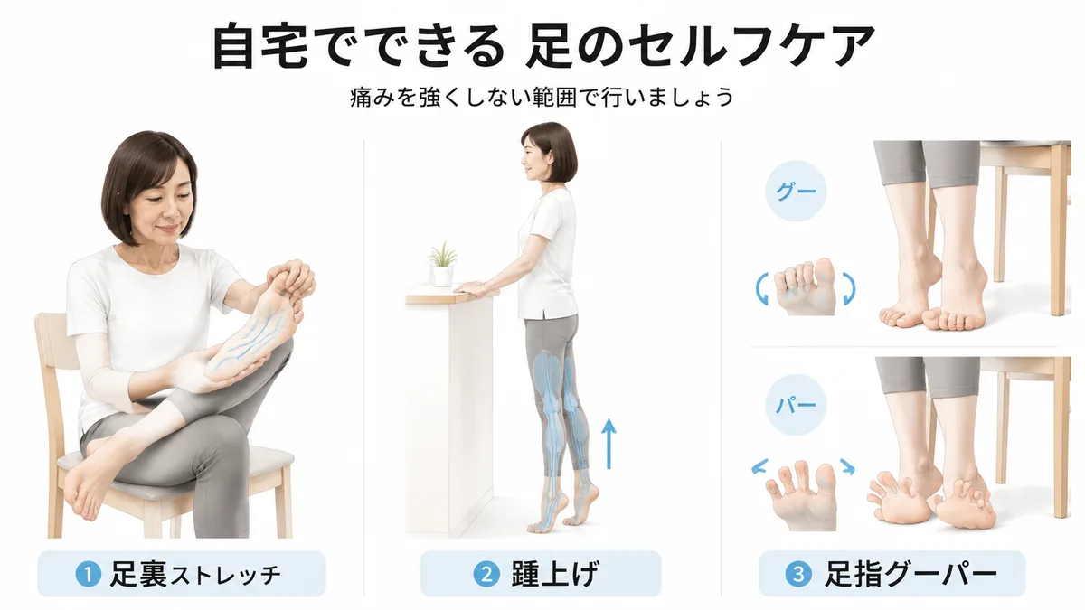 足裏ストレッチと踵上げと足指グーパー運動を示すセルフケア図解