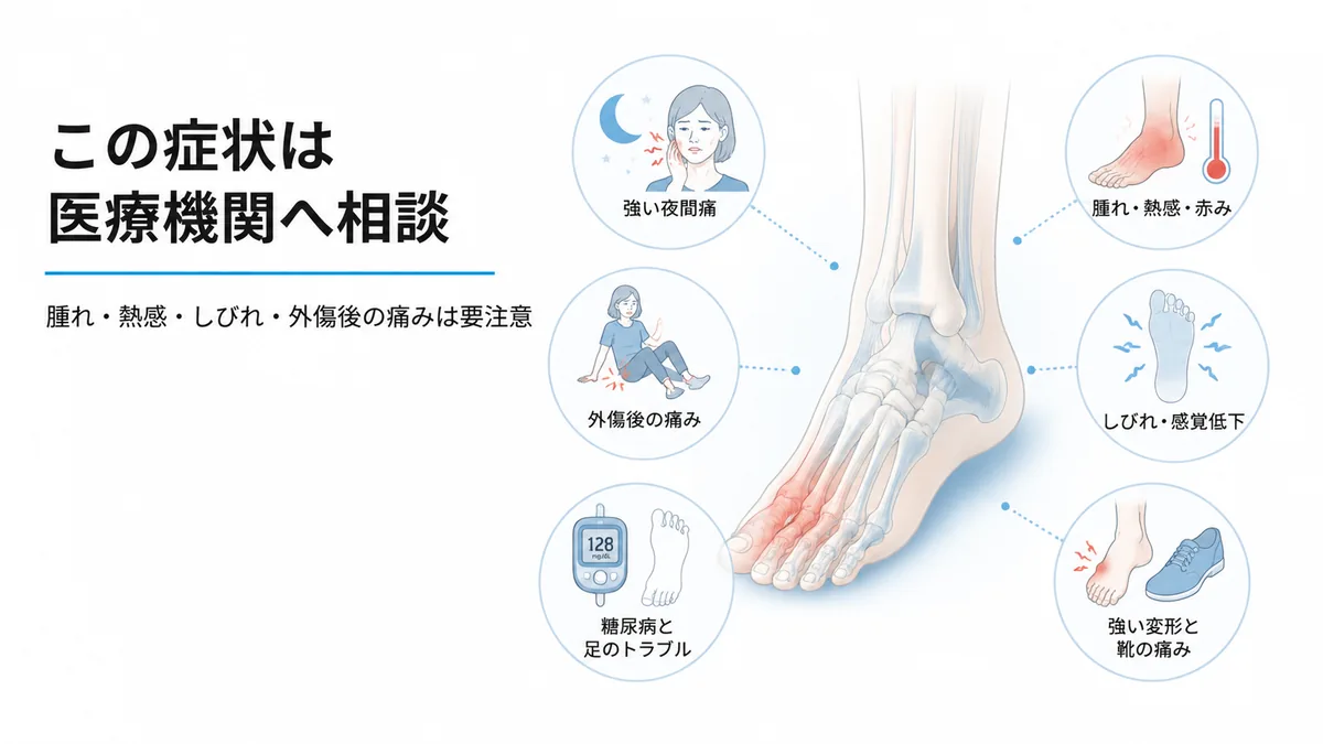 足の腫れや熱感、しびれ、夜間痛、外傷後の痛みなど受診目安の図解