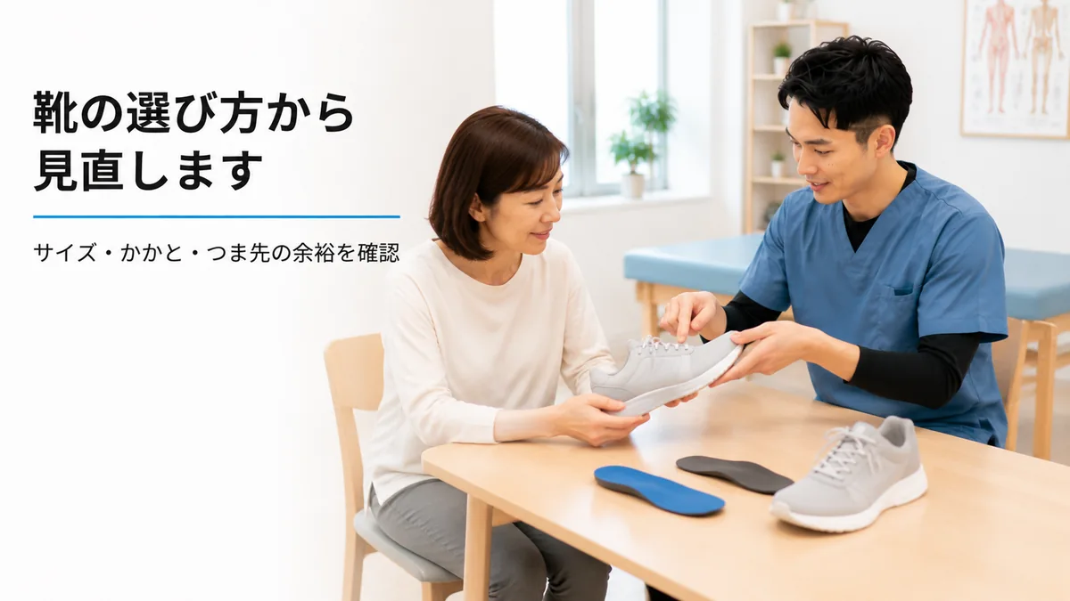 理学療法士が女性にスニーカーのサイズやかかと、つま先の余裕を説明する様子