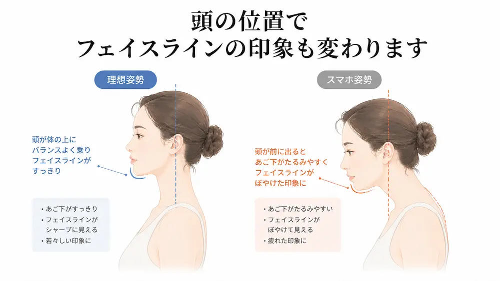 理想姿勢とスマホ姿勢でフェイスラインの印象を比較した図