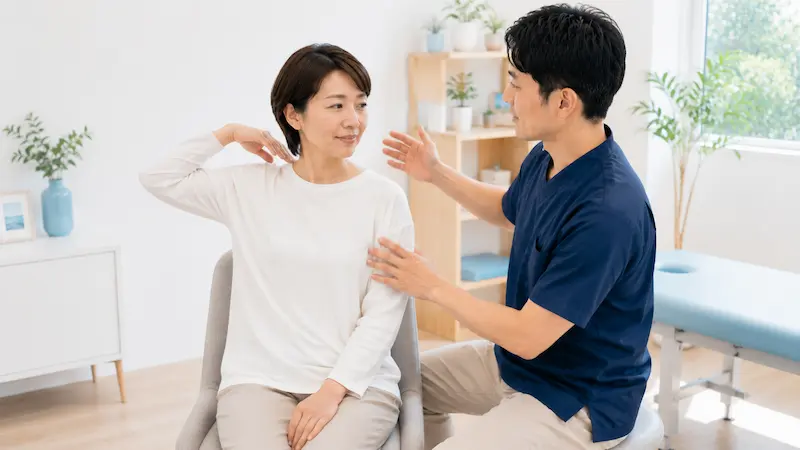 理学療法士が首を無理にひねらず肩や背中の動きをやさしく確認している様子